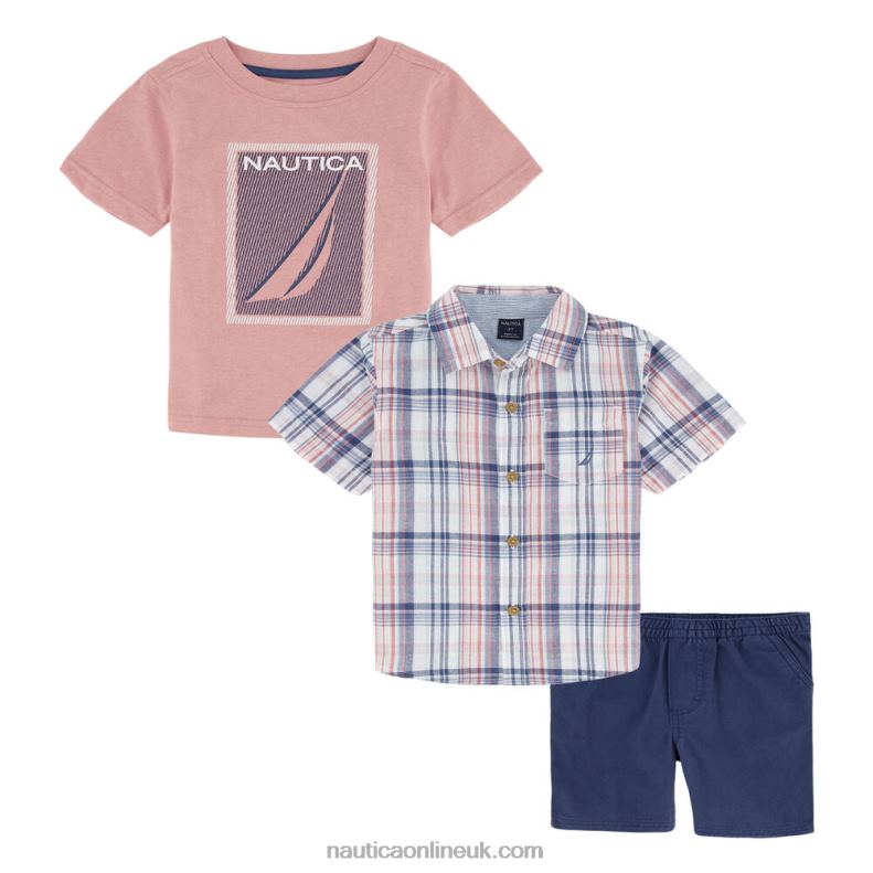 Nautica Toddler Boys' Plaid Shirt And T-Shirt 3Pc Short Set L6J4L1124 Riggin Red