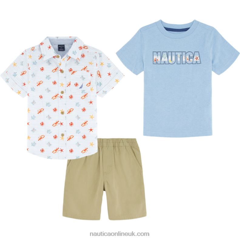 Nautica Toddler Boys' Printed Shirt And T-Shirt 3Pc Short Set L6J4L1119 Navy