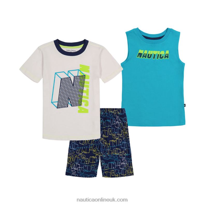 Nautica Toddler Boys' Tank And T-Shirt 3Pc Plaid Short Set L6J4L1239 Antique White Wash