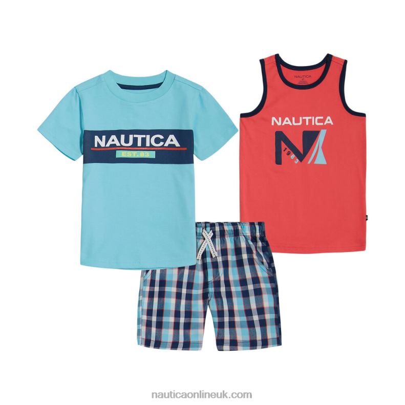 Nautica Toddler Boys' Tank And T-Shirt 3Pc Plaid Short Set L6J4L1278 Raspberry