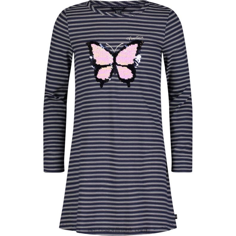 Nautica Girls' Butterfly Sequin Striped Dress (7-16) L6J4L1311 Navy