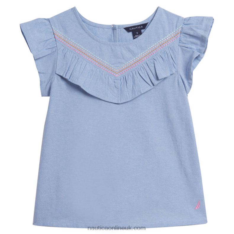 Nautica Girls' Chambray Flutter-Sleeve Top (7-16) L6J4L1379 Nite Sea Heather
