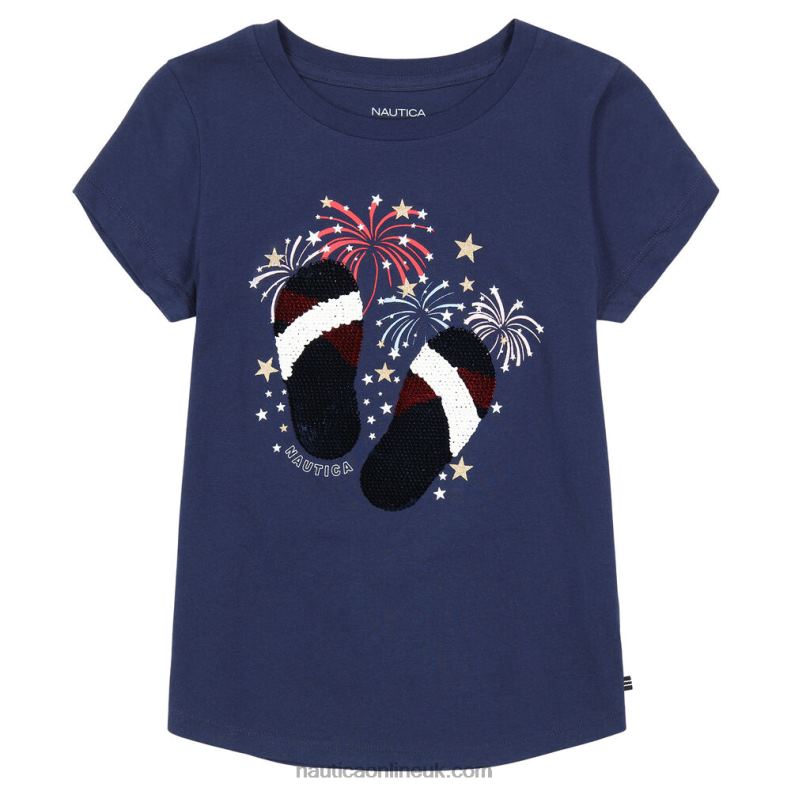 Nautica Girls' Flip Flops And Fireworks Sequin T-Shirt (7-16) L6J4L1470 Navy