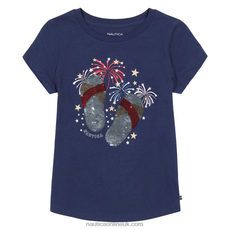Nautica Girls\' Flip Flops And Fireworks Sequin T-Shirt (7-16) L6J4L1470 Navy