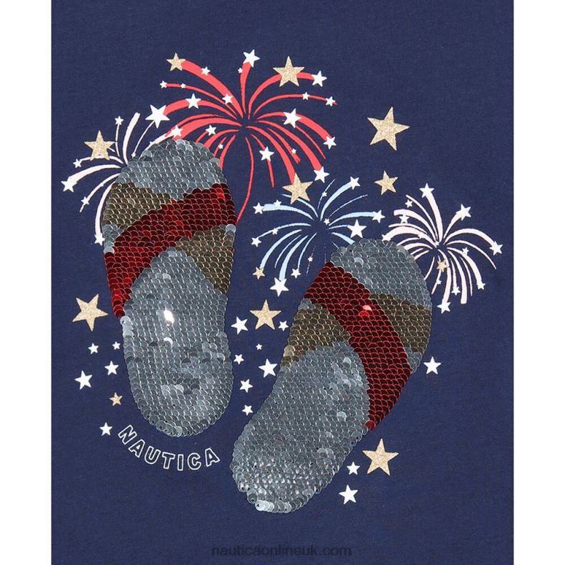 Nautica Girls\' Flip Flops And Fireworks Sequin T-Shirt (7-16) L6J4L1470 Navy