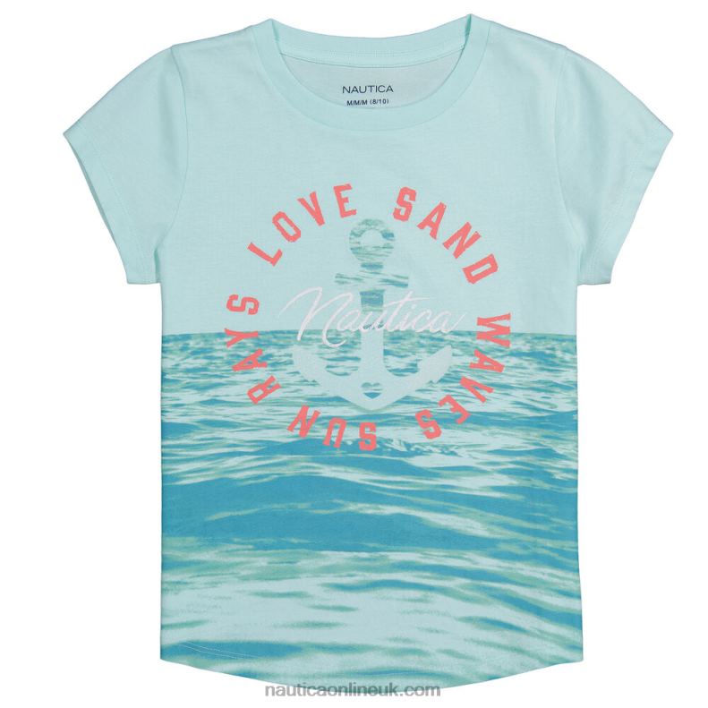 Nautica Girls' Love Waves T-Shirt (7-16) L6J4L1344 Worn Chambray