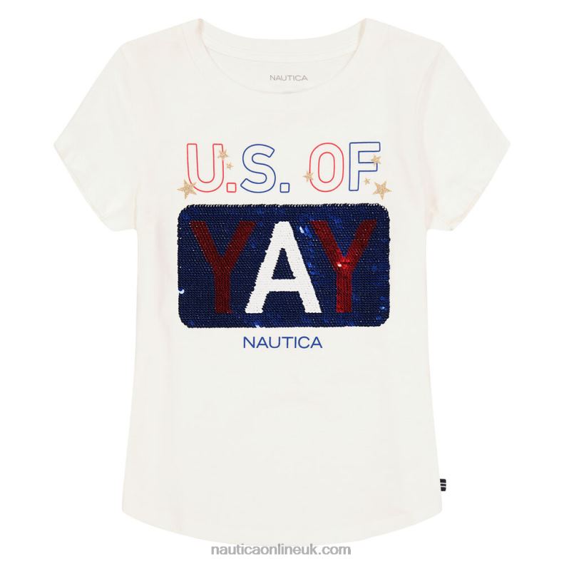 Nautica Girls' Sequin Us Of Yay T-Shirt (7-16) L6J4L1513 Antique White Wash