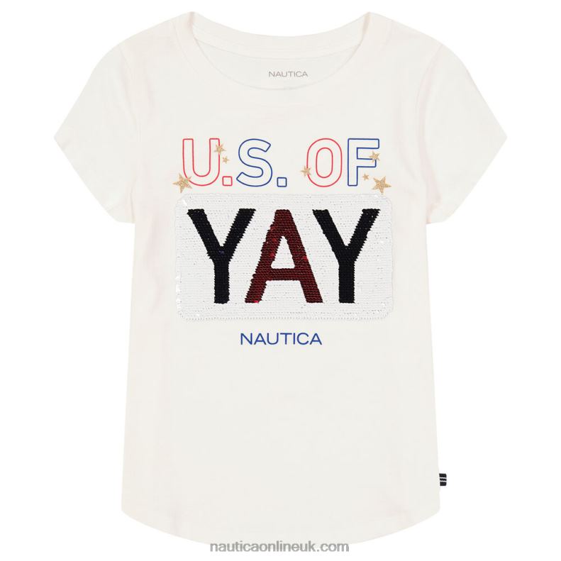 Nautica Girls\' Sequin Us Of Yay T-Shirt (7-16) L6J4L1513 Antique White Wash