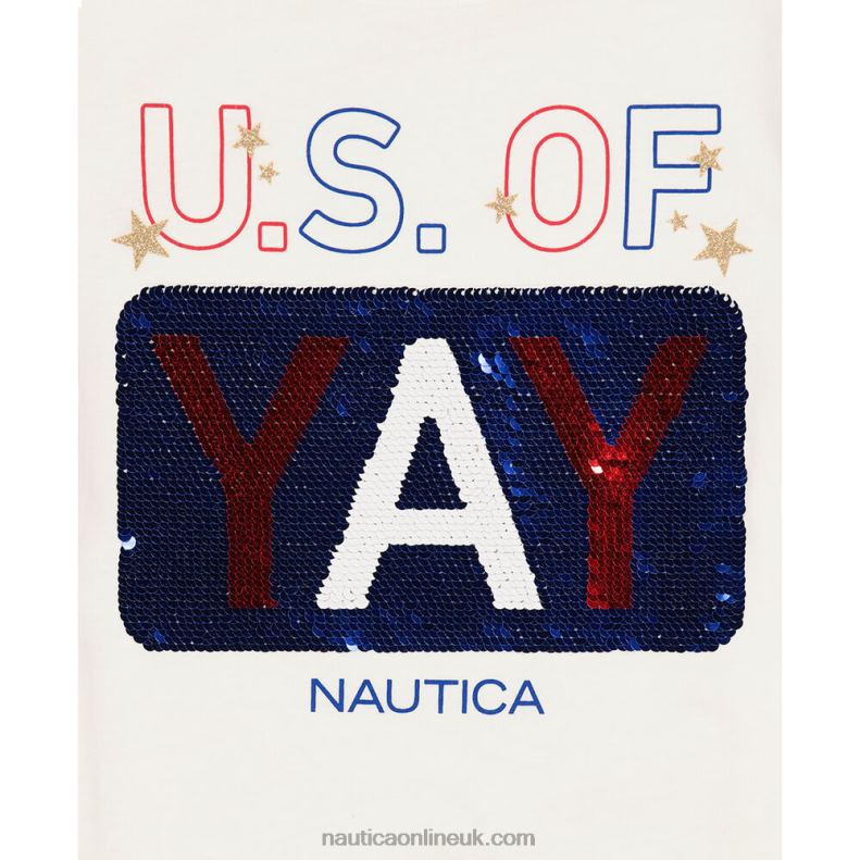 Nautica Girls\' Sequin Us Of Yay T-Shirt (7-16) L6J4L1513 Antique White Wash
