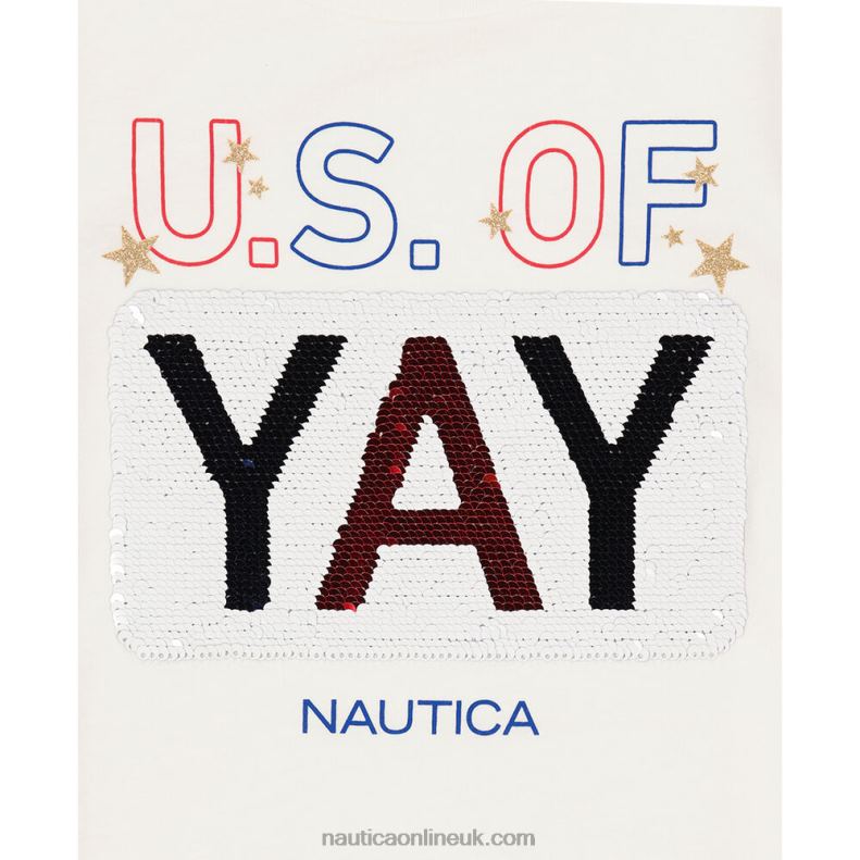 Nautica Girls\' Sequin Us Of Yay T-Shirt (7-16) L6J4L1513 Antique White Wash