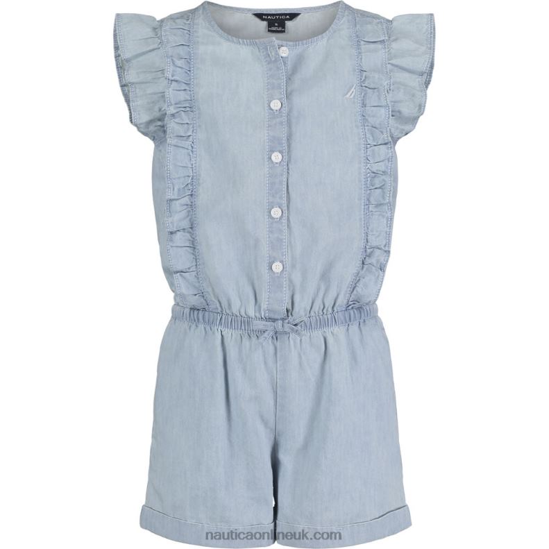 Nautica Girls' Ruffle Lightweight Denim Romper (7-16) L6J4L1398 Ice Blue