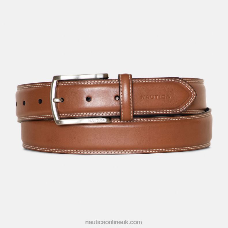 Nautica Double-Stitch Leather Belt L6J4L121 Brown Stone Men
