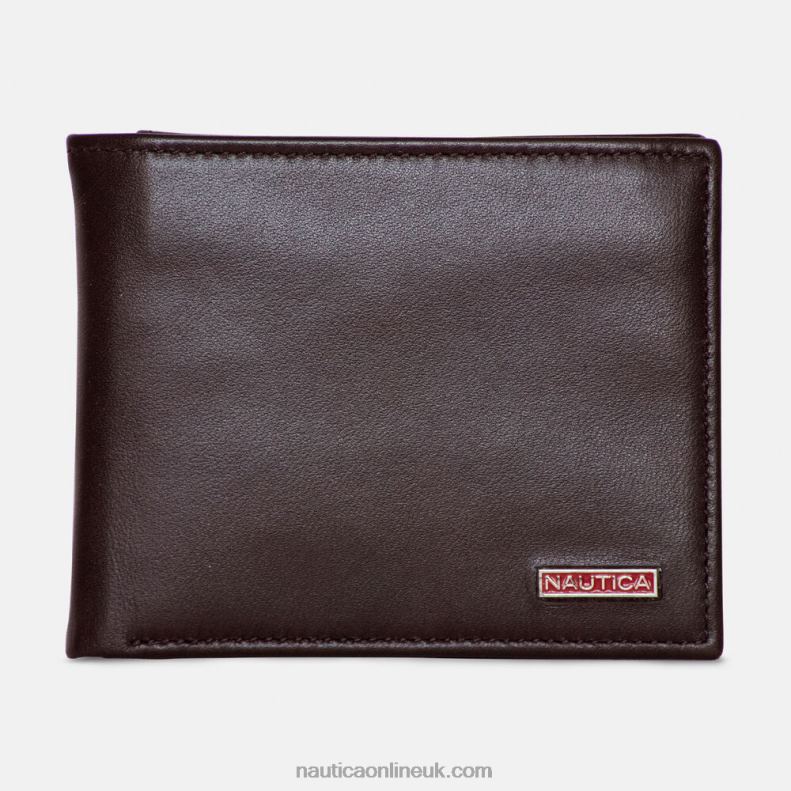 Nautica Leather Bifold Passcase Wallet L6J4L280 Brown Stone Men