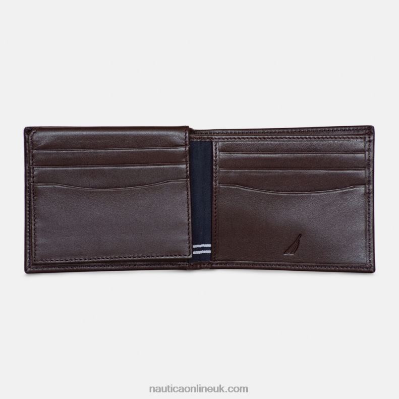 Nautica Leather Bifold Passcase Wallet L6J4L280 Brown Stone Men