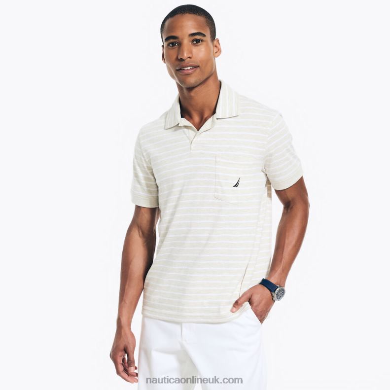 Nautica Sustainably Crafted Striped Johnny Collar Polo L6J4L574 Oatmeal Heather Men