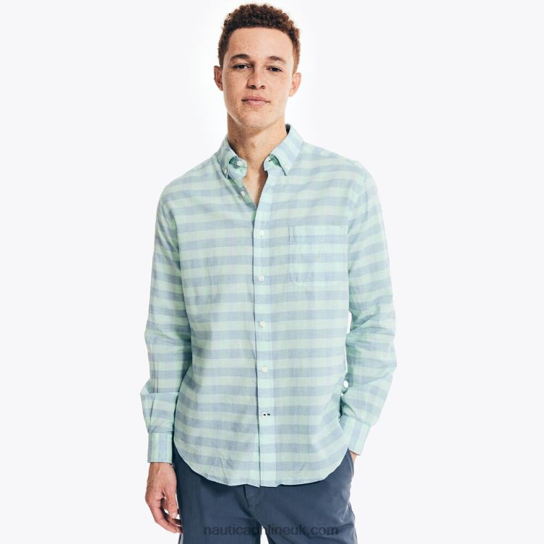 Nautica Gingham Plaid Linen Shirt L6J4L150 Pure Deep Sea Wash Men