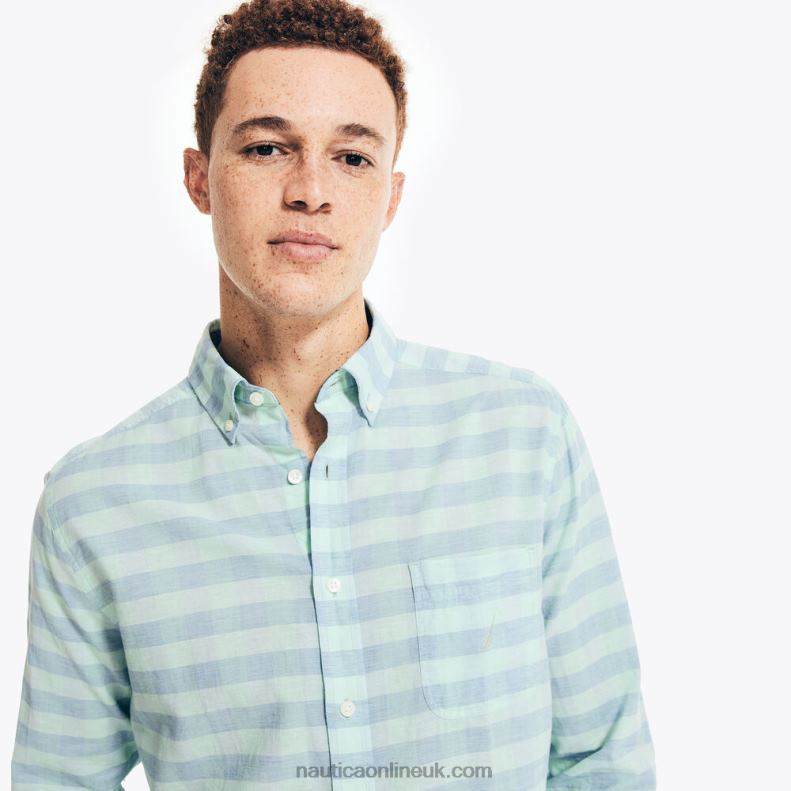 Nautica Gingham Plaid Linen Shirt L6J4L150 Pure Deep Sea Wash Men