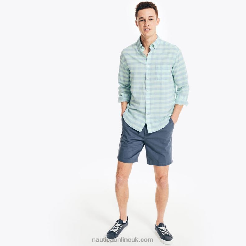 Nautica Gingham Plaid Linen Shirt L6J4L150 Pure Deep Sea Wash Men