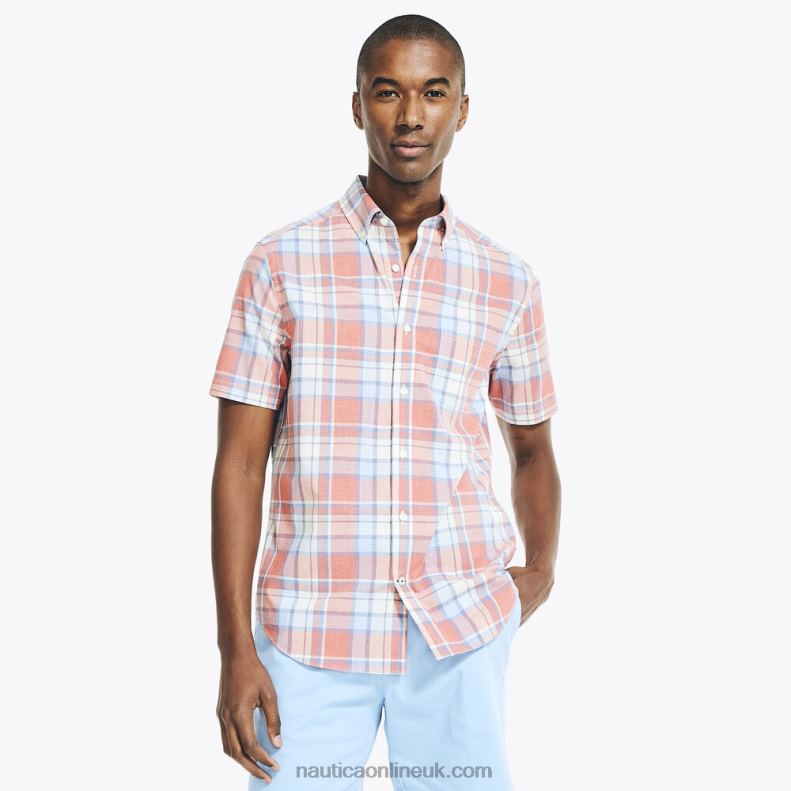 Nautica Heathered Plaid Short-Sleeve Oxford Shirt L6J4L541 Sailor Red Men