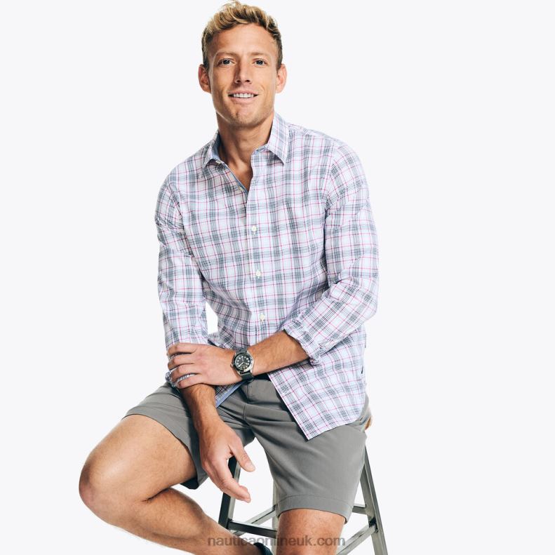 Nautica Navtech Trim Fit Plaid Shirt L6J4L212 Bright White Men