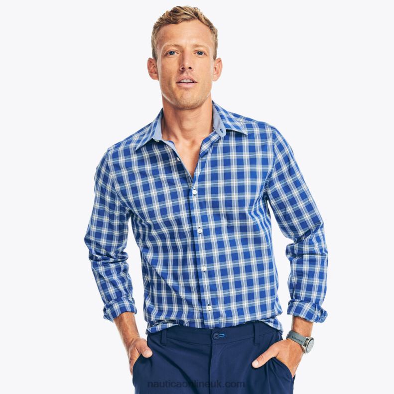 Nautica Navtech Trim Fit Plaid Shirt L6J4L475 Estate Blue Men
