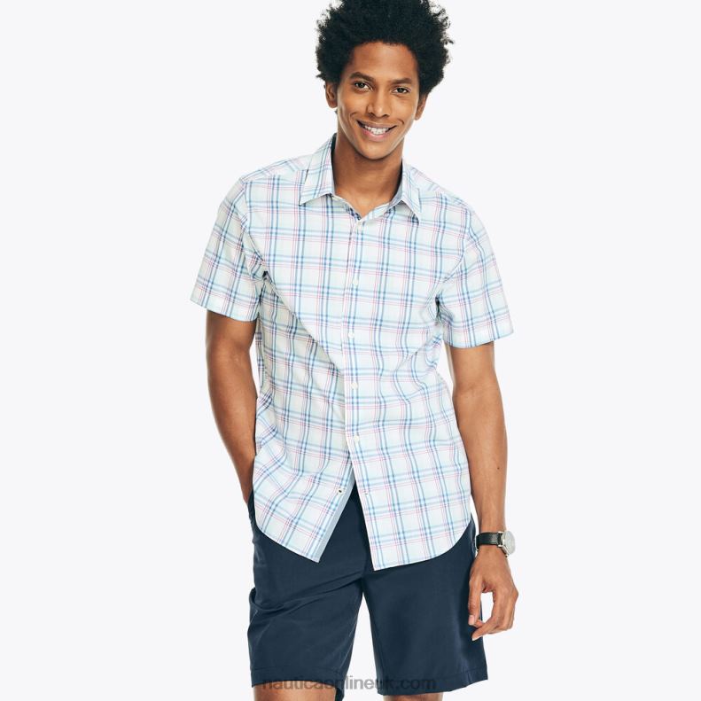 Nautica Navtech Trim Fit Plaid Short-Sleeve Shirt L6J4L322 Bright White Men