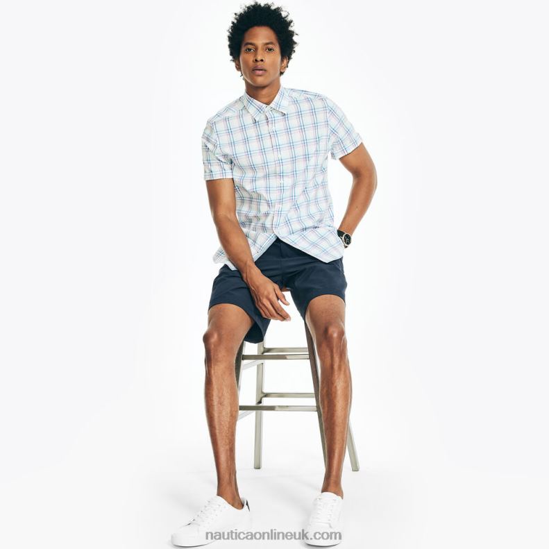 Nautica Navtech Trim Fit Plaid Short-Sleeve Shirt L6J4L322 Bright White Men
