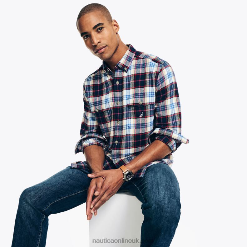 Nautica Sustainably Crafted Flannel Plaid Shirt L6J4L548 Marshmallow Men