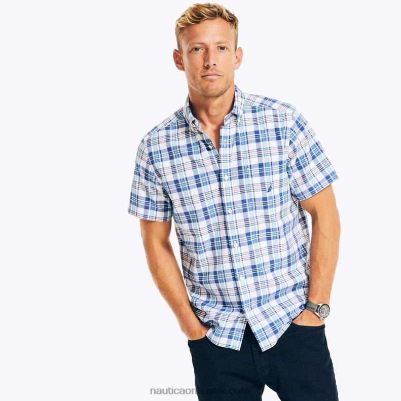 Nautica Sustainably Crafted Plaid Short-Sleeve Shirt L6J4L457 Bright White Men