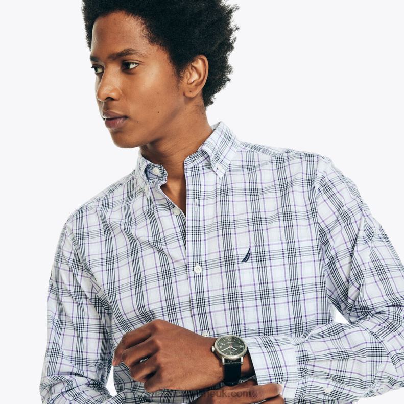 Nautica Wrinkle-Resistant Plaid Wear To Work Shirt L6J4L399 Bright White Men