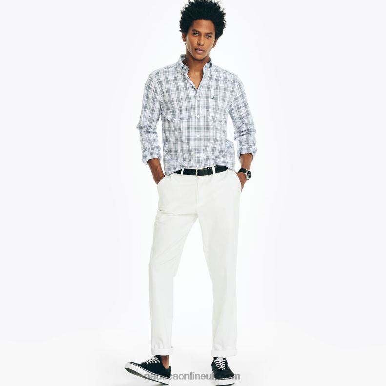Nautica Wrinkle-Resistant Plaid Wear To Work Shirt L6J4L399 Bright White Men