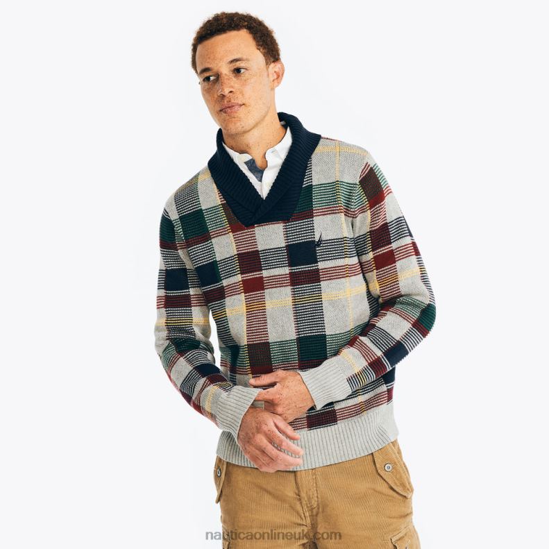 Nautica Shawl-Neck Plaid Sweater L6J4L246 Navy Men