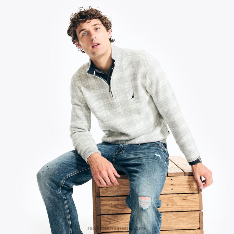 Nautica Sustainably Crafted Quarter-Zip Plaid Sweater L6J4L169 Grey Heather Men