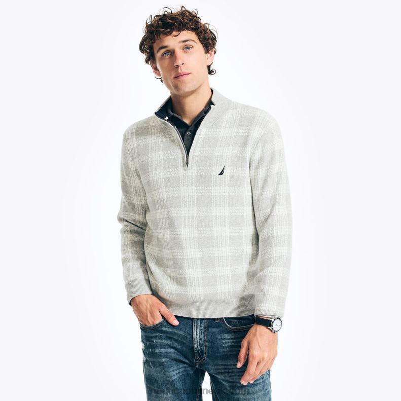 Nautica Sustainably Crafted Quarter-Zip Plaid Sweater L6J4L169 Grey Heather Men