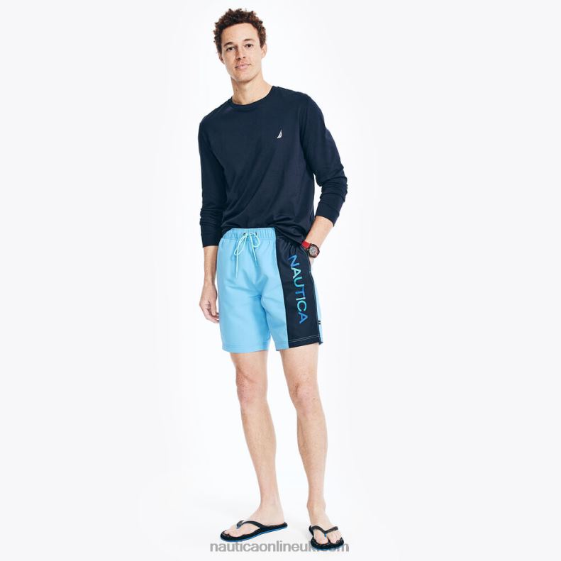 Nautica Sustainably Crafted 8\" Colorblock Printed Quick-Dry Swim L6J4L372 Azure Blue Men
