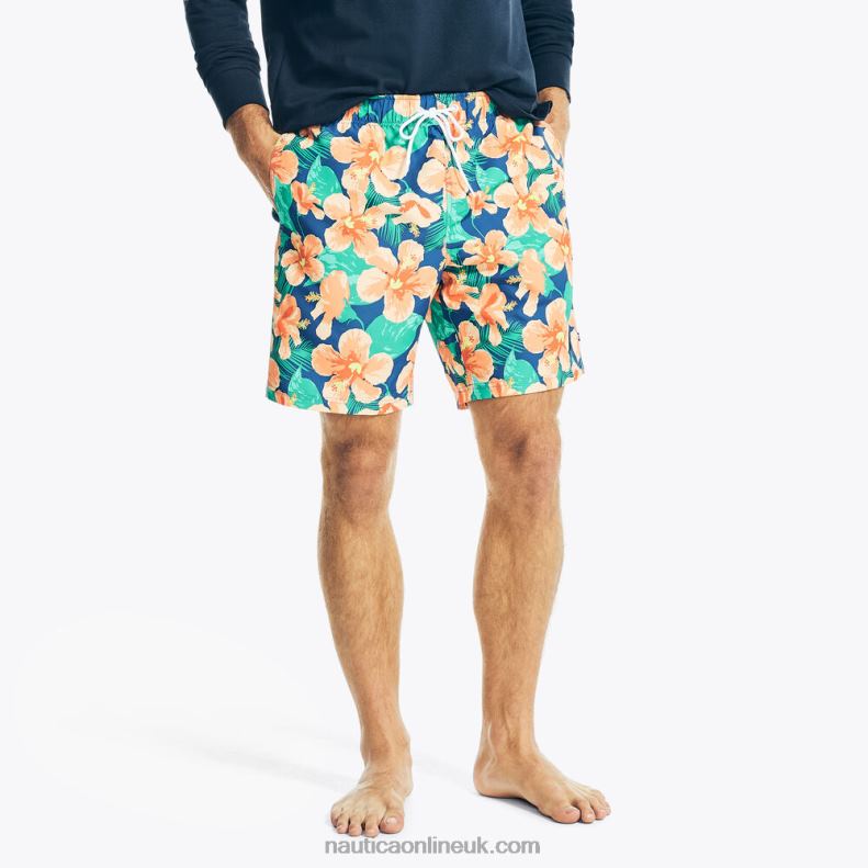 Nautica Sustainably Crafted 8" Hibiscus Print Swim L6J4L632 True Navy Men