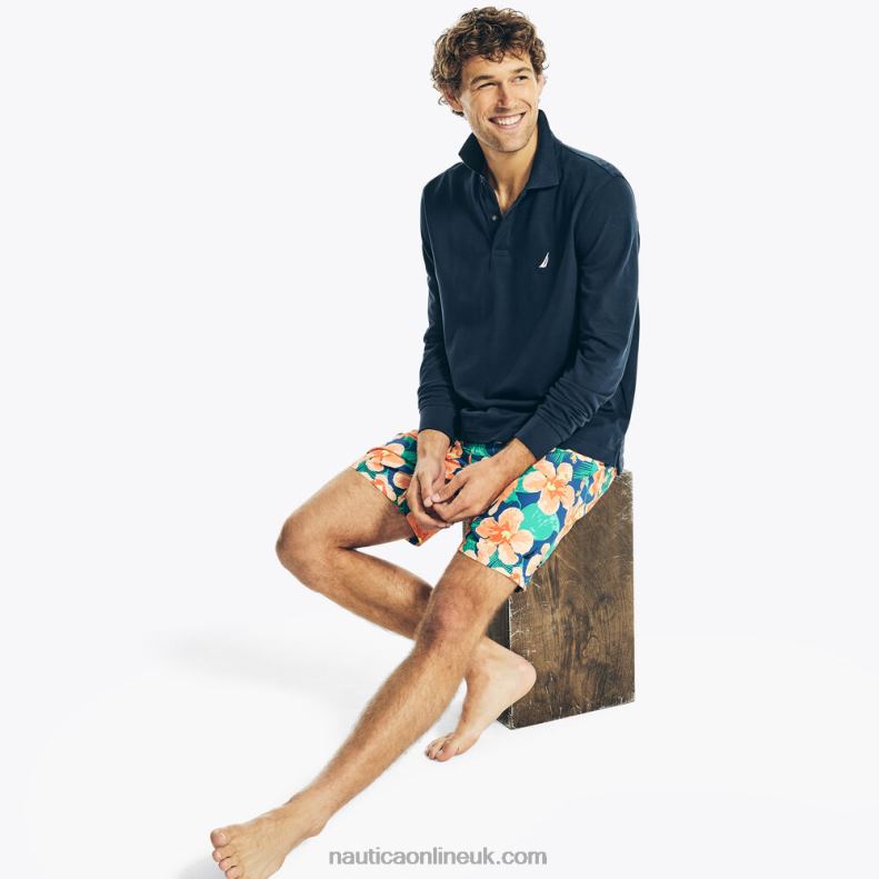 Nautica Sustainably Crafted 8\" Hibiscus Print Swim L6J4L632 True Navy Men