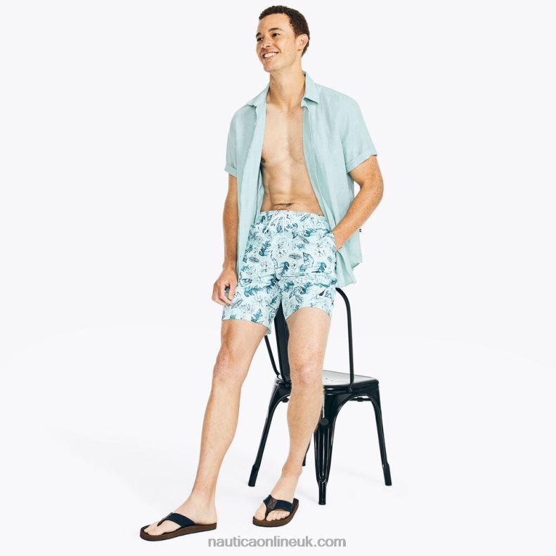 Nautica Sustainably Crafted 8\" Tropical Print Swim L6J4L176 South Beach Aqua Men