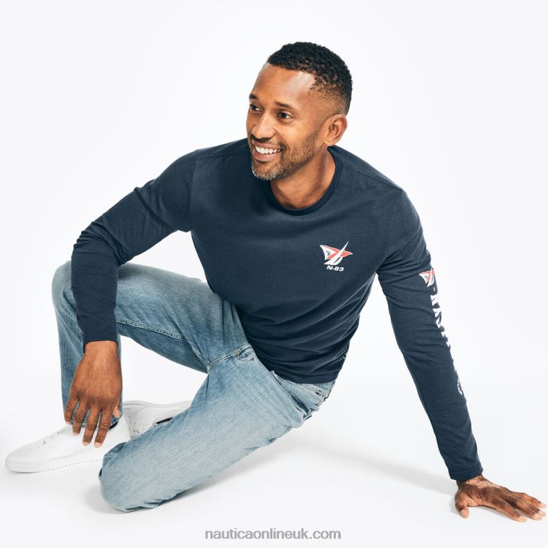 Nautica Sustainably Crafted Long-Sleeve Graphic T-Shirt L6J4L230 Stellar Blue Heather Men