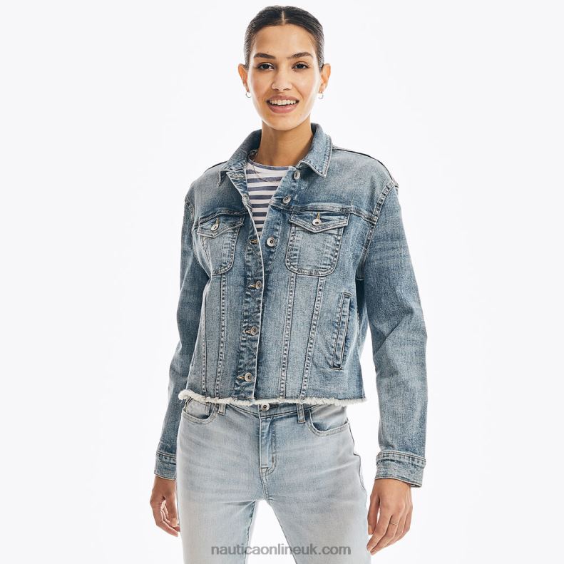 Nautica Jeans Co. Frayed Denim Jacket L6J4L910 Pool Side Aqua Women