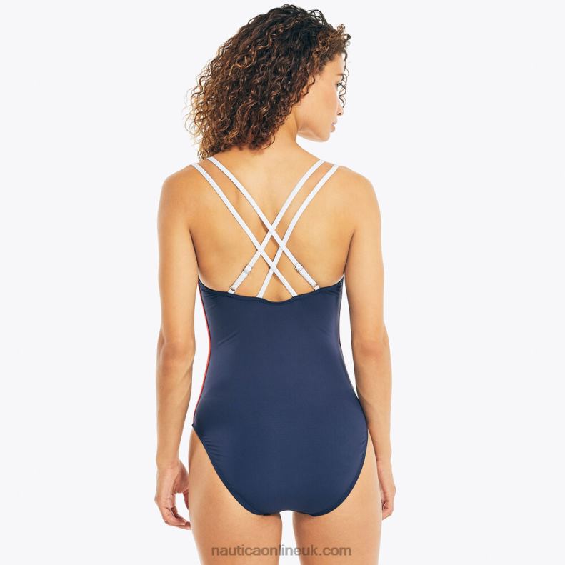 Nautica Colorblock Cross-Back One-Piece Swim L6J4L980 Stellar Blue Heather Women