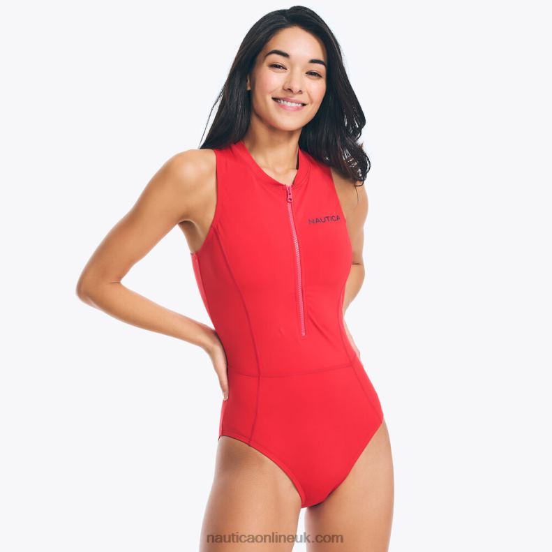 Nautica Quarter-Zip One-Piece Swim L6J4L856 Tomales Red Women