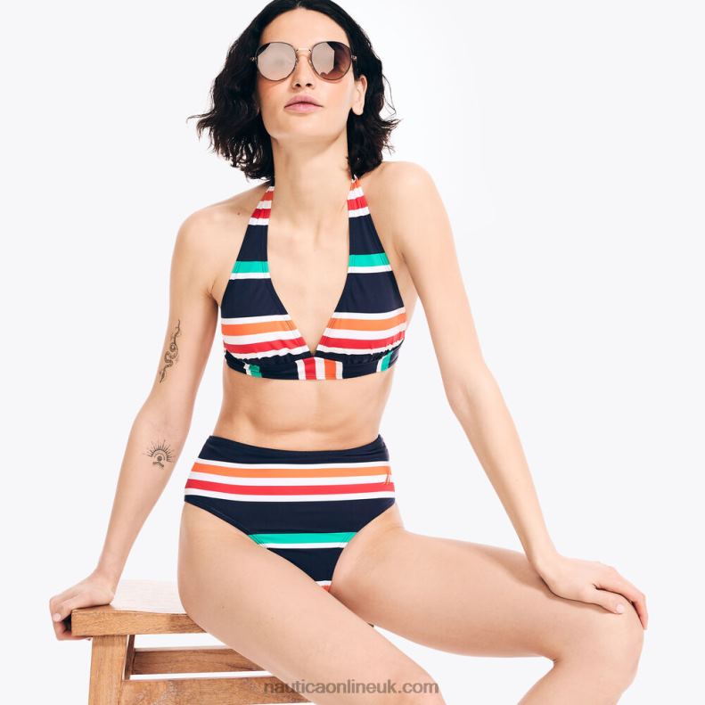 Nautica Striped Halter Swim Top L6J4L883 Stellar Blue Heather Women