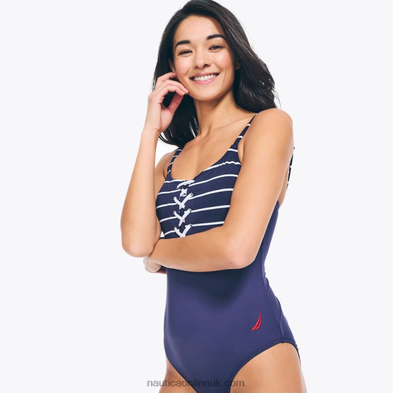 Nautica Striped Lace-Up One-Piece Swim L6J4L880 Stellar Blue Heather Women