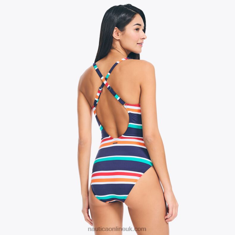 Nautica Striped One-Piece Swim L6J4L969 Stellar Blue Heather Women