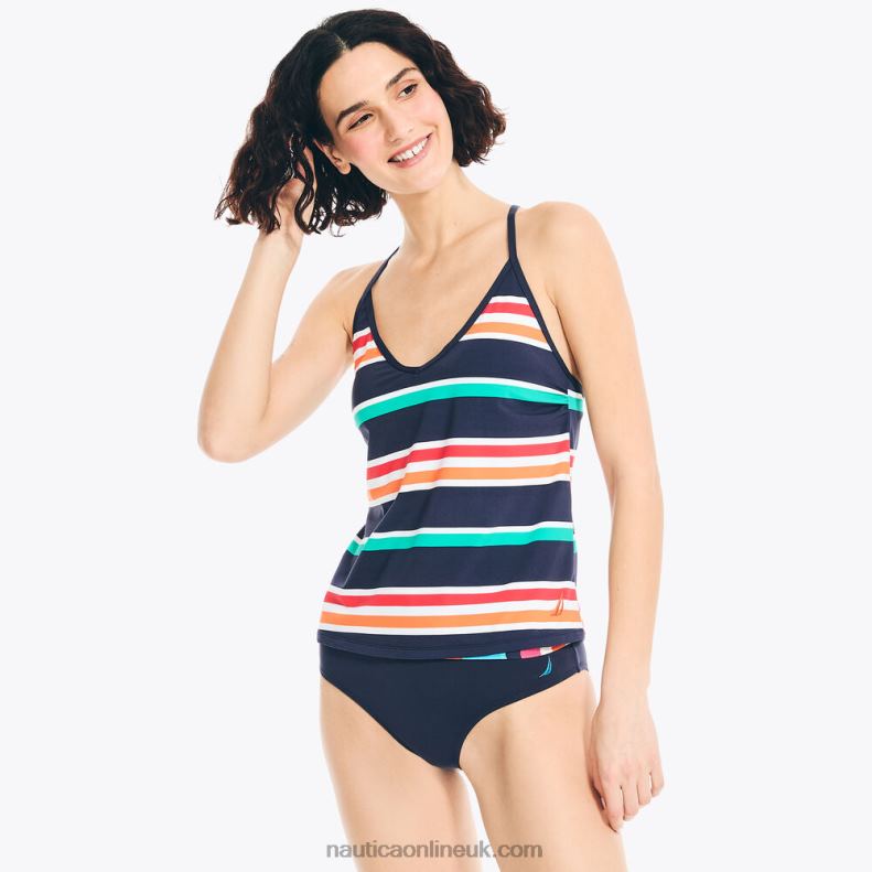 Nautica Striped Tankini Swim L6J4L847 Stellar Blue Heather Women