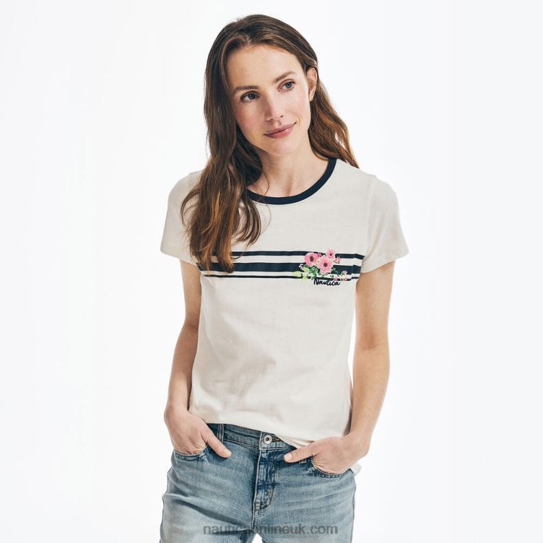 Nautica Chest-Stripe Embroidered Floral Graphic T-Shirt L6J4L819 Marshmallow Women