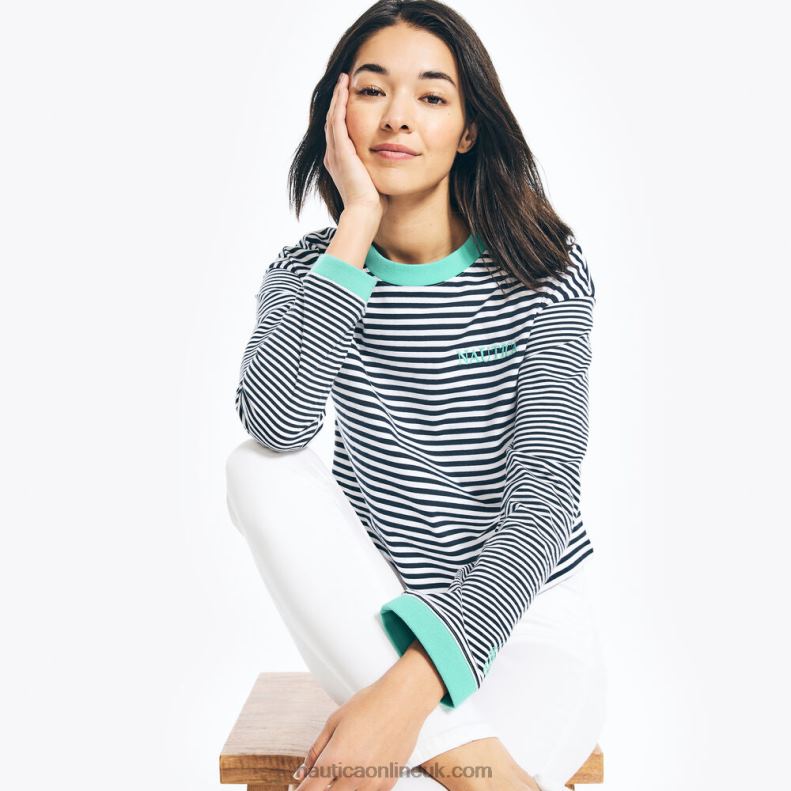 Nautica Cropped Striped Long-Sleeve T-Shirt L6J4L777 Bright White Women