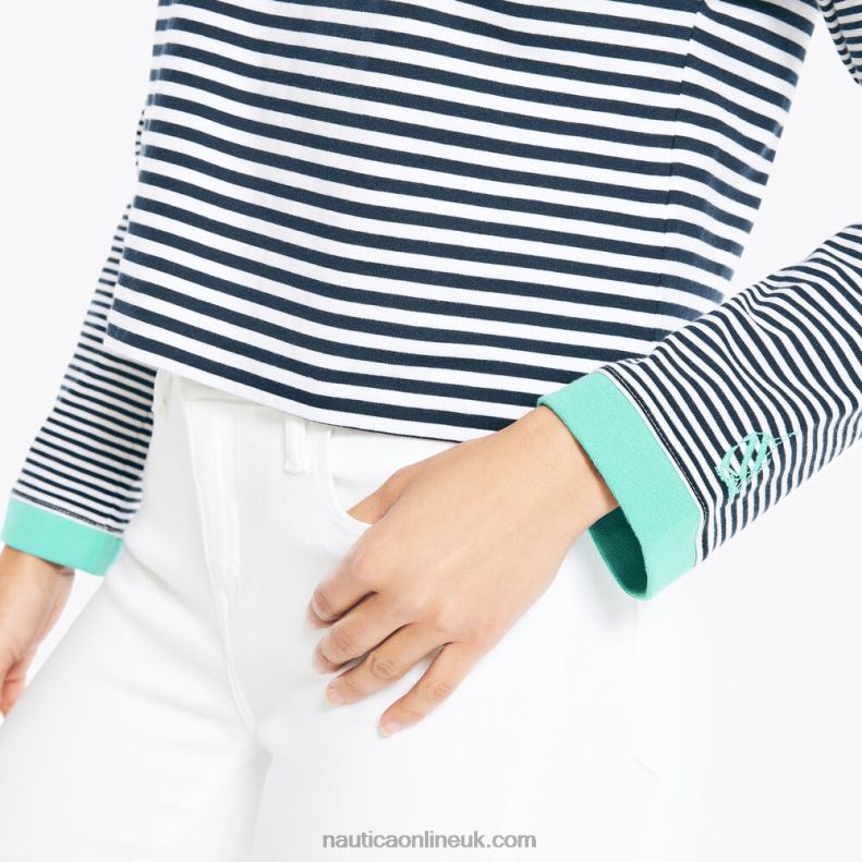 Nautica Cropped Striped Long-Sleeve T-Shirt L6J4L777 Bright White Women