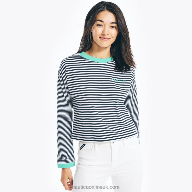 Nautica Cropped Striped Long-Sleeve T-Shirt L6J4L777 Bright White Women